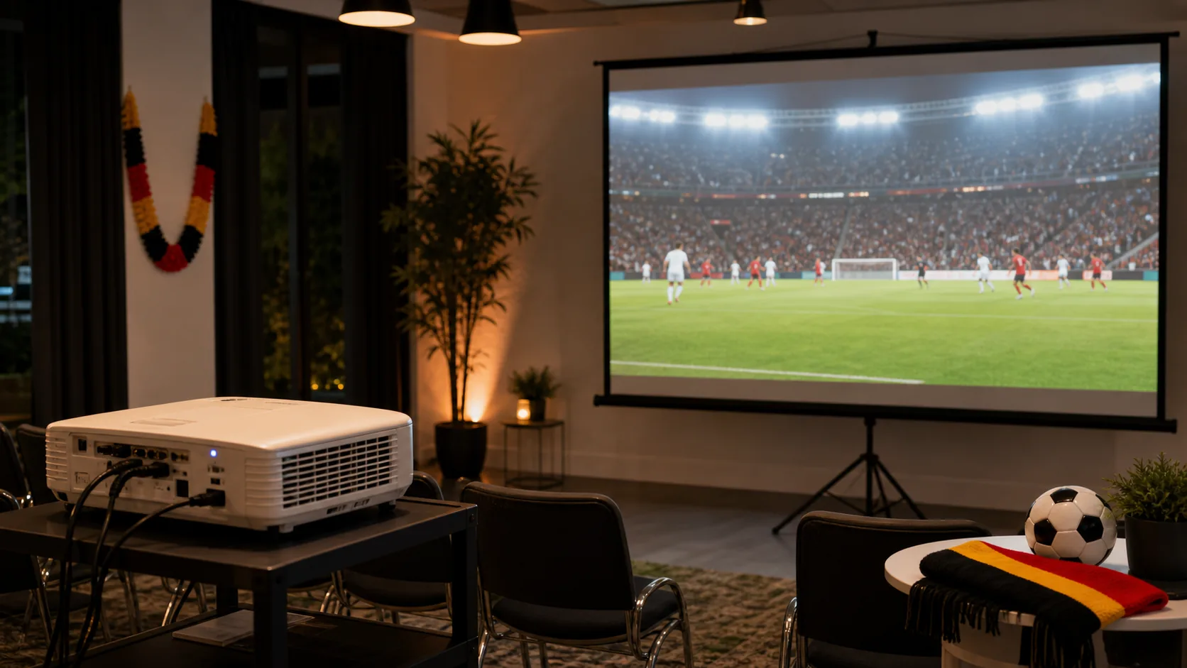 Beamer und Stativleinwand für einen Fußballabend auf großer Leinwand