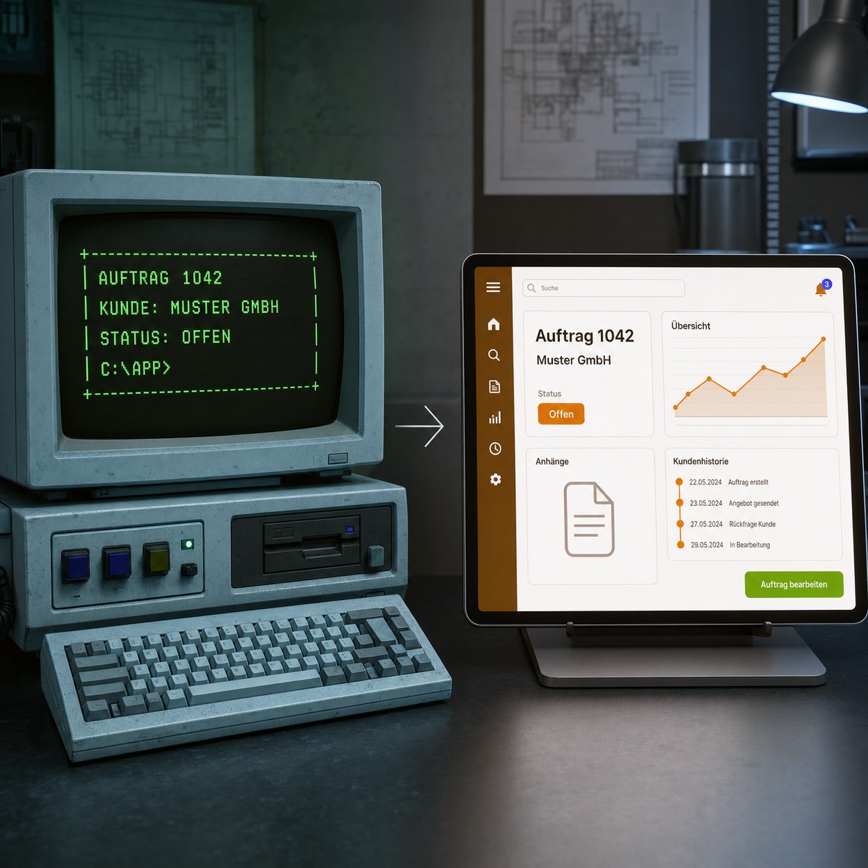 Vorher-Nachher-Vergleich: gewachsene Altsoftware und ihre Neuentwicklung als moderne Weboberfläche – Software-Renovierung mit KI-Unterstützung