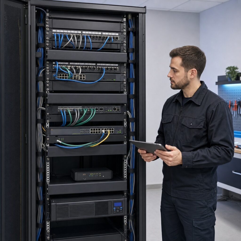 Sauber gepatchter Serverschrank mit strukturierter Netzwerkverkabelung – Lieske itkSystemhaus