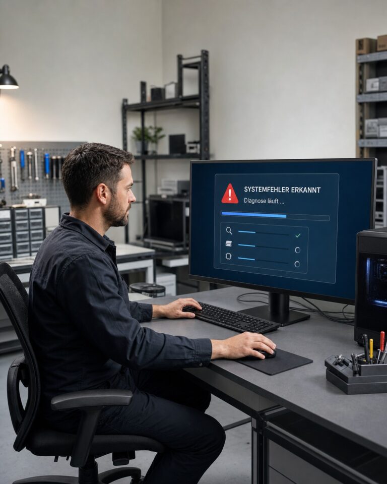 Techniker repariert einen Computer in der Werkstatt des Lieske itkSystemhaus in Vörstetten